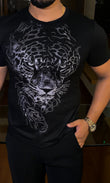 Tiger Swarovski Luxe Full Face Silver Half Sleeves Tshirt - Black