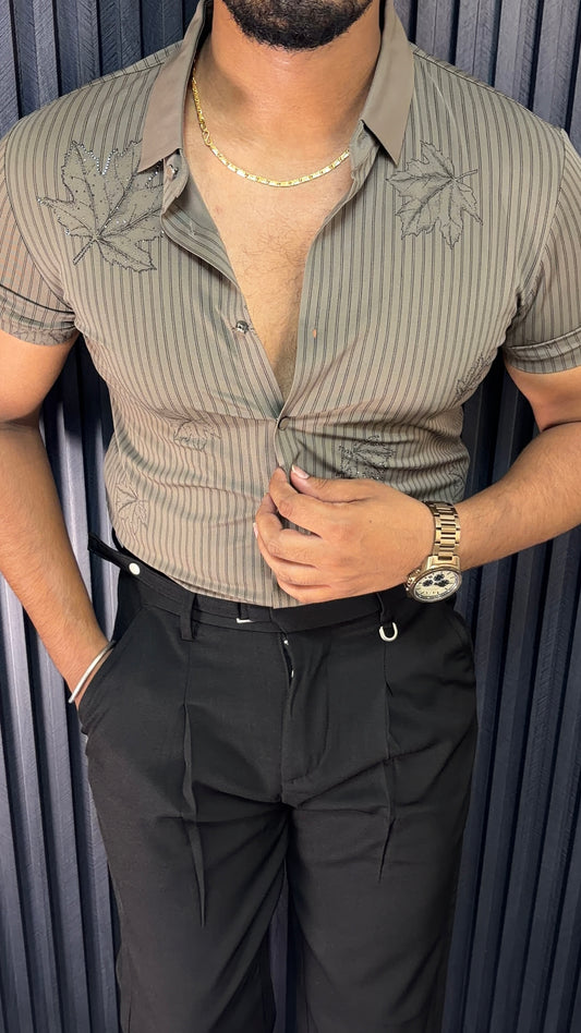 Venice Jacquard Half Sleeves Shirt - CARAMEL