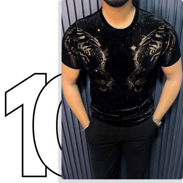 Velvet Swarovski Tiger Double Face Half Sleeves Tshirt - Black