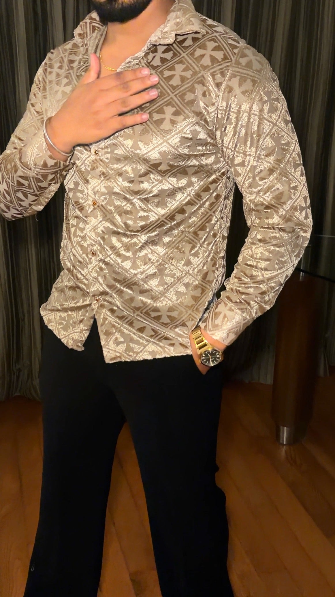 V’vlor Premium Velvet Jacquard Shirt - Gold