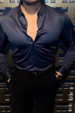 Solid Wrinkle-Free Stretch Lycra Shirt - Navy