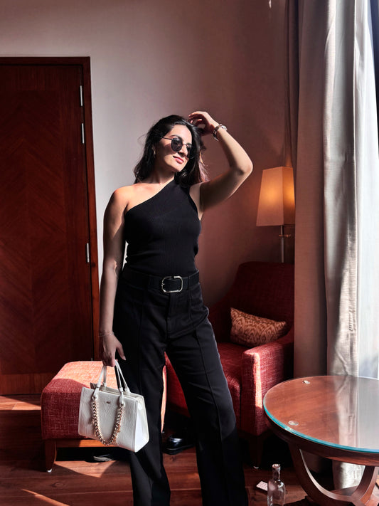 One Shoulder Stretchable Top - BLACK