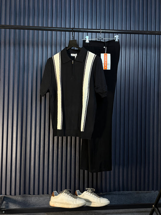 Verona Striped Old Money Knitted Polo Tshirt - Black