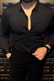 Solid Wrinkle-Free Stretch Lycra Shirt - Black
