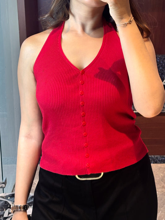 Halter Neck Stretchable Top - RED