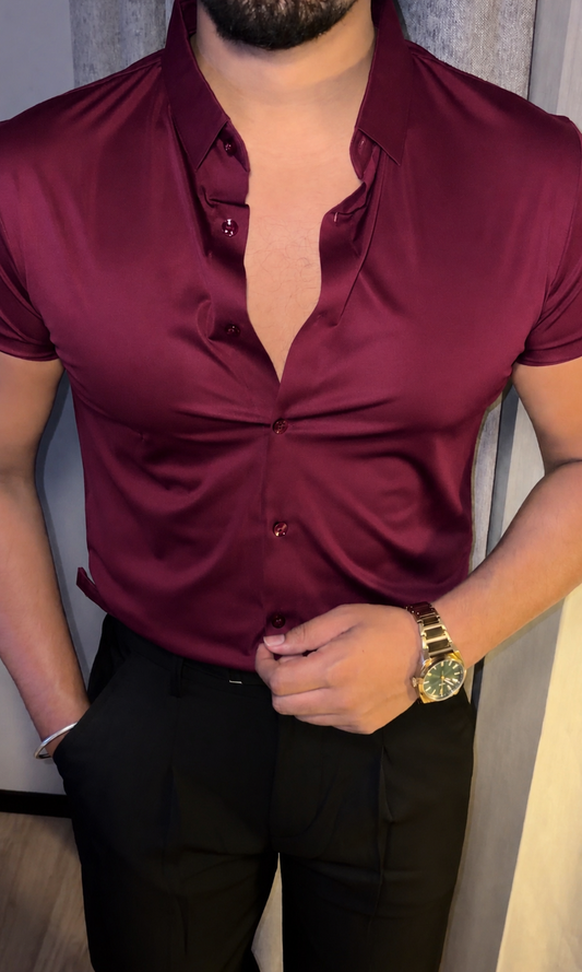 Solid Half Sleeves Stretch Wrinkle Free Lycra Shirt - Wine