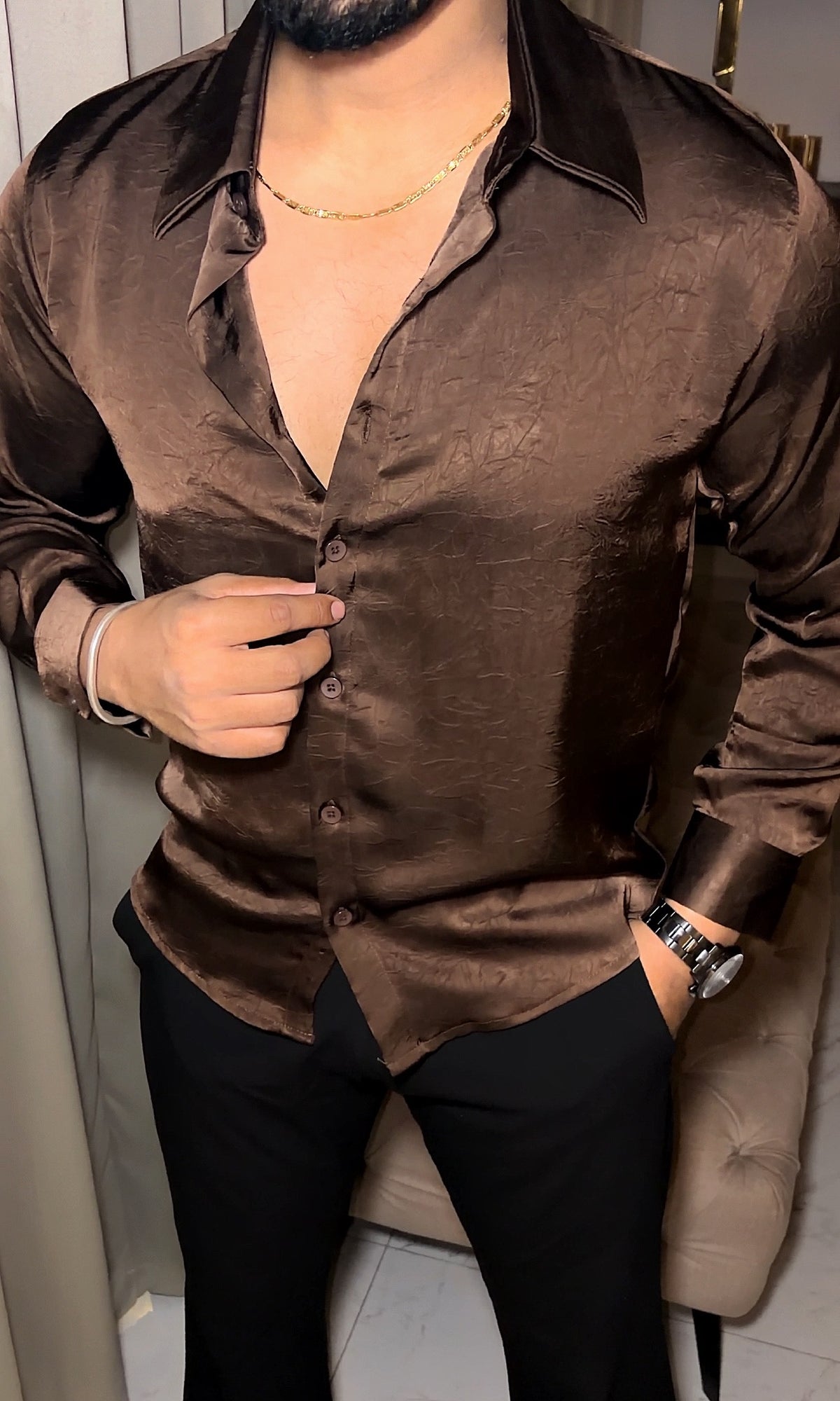 AfterNight Rich Textured Stitchless Jacquard Shirt - Brown