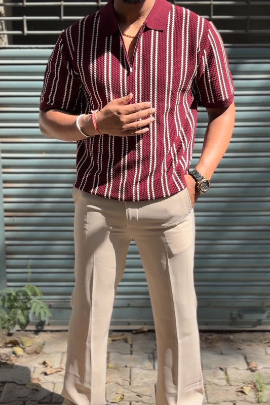 Monaco Striped Old Money Knitted Polo Tshirt - Red