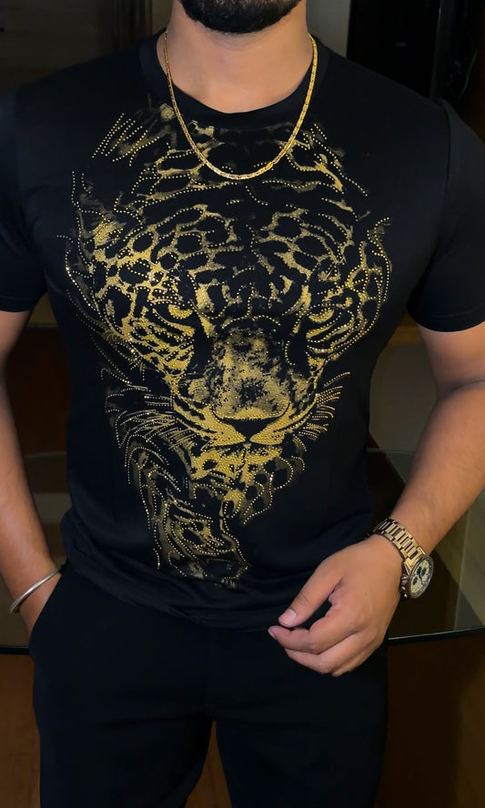 Tiger Swarovski Luxe Full Face Gold Half Sleeves Tshirt - Black