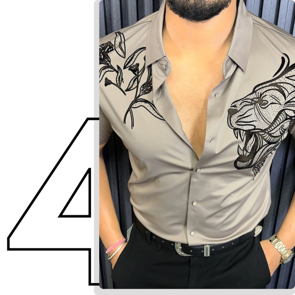 Lion Roar Jacquard Half Sleeves Shirt - Caramel
