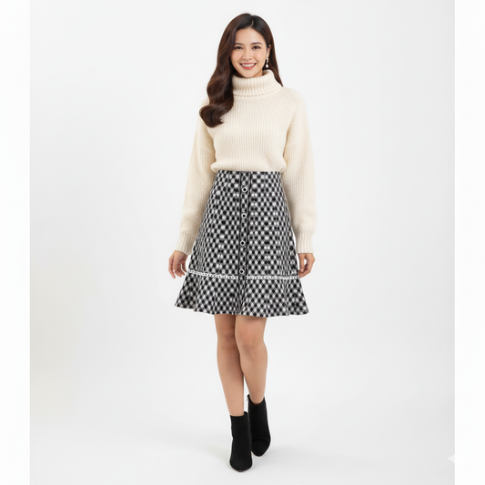 Tweed Plait Checkered Winter Party Wear Skirt 568 - Black