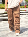 Textured Straight Fit Baggy Pants - BROWN