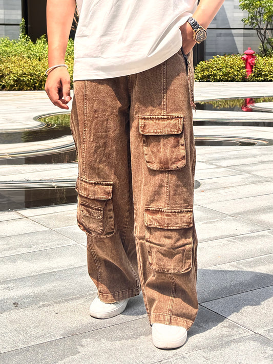Textured Straight Fit Baggy Pants - BROWN
