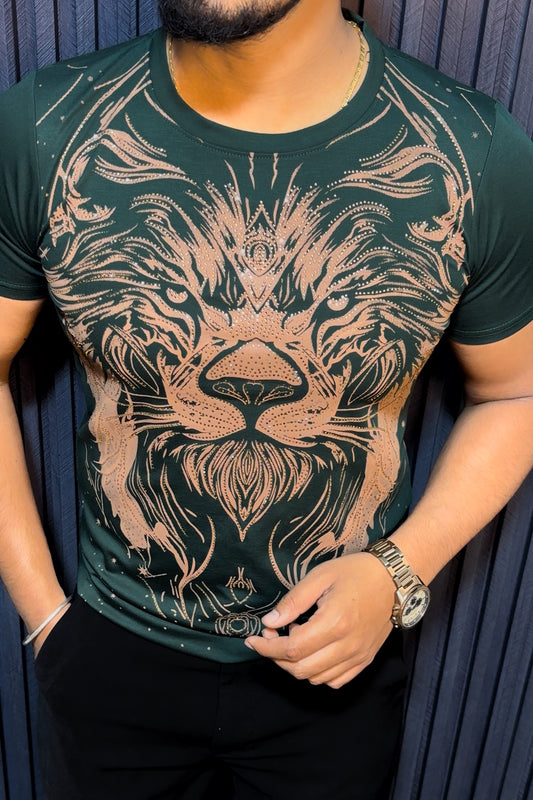 Lion Full Face Half Sleeves Tshirt - Green