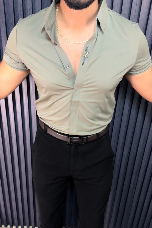 Solid Half Sleeves Stretch Wrinkle Free Lycra Shirt - Olive
