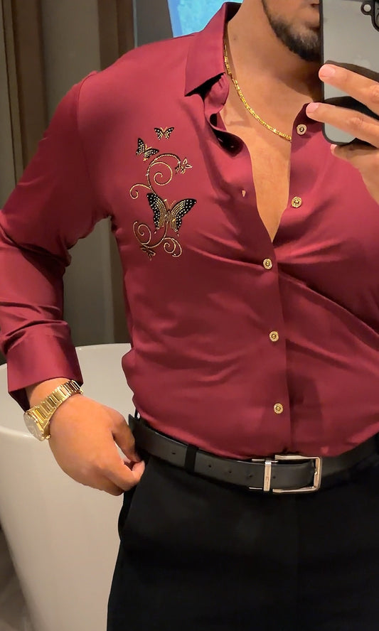 Roseatte Luxe Stitchless Jacquard Shirt - WINE