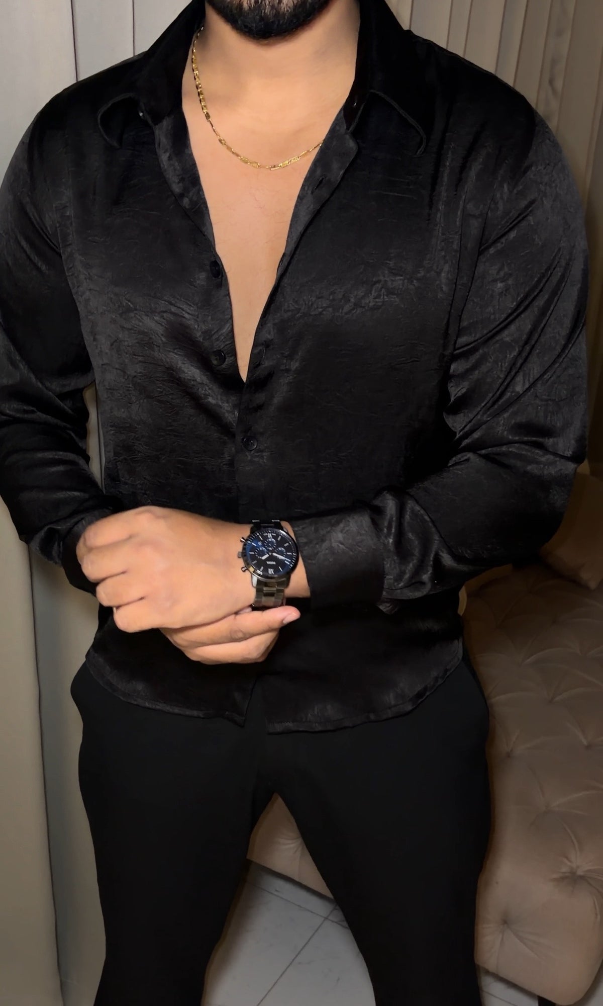 AfterNight Rich Textured Stitchless Jacquard Shirt - Black