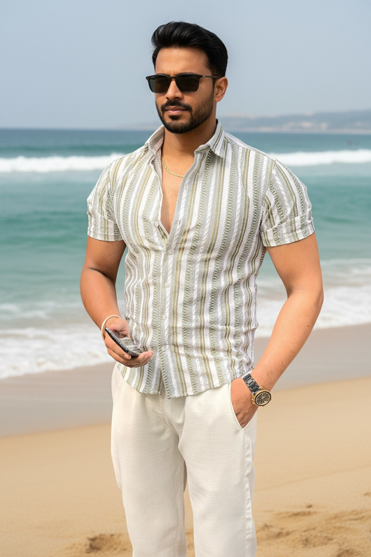 Prague Linen Stripe Shirt – OLIVE