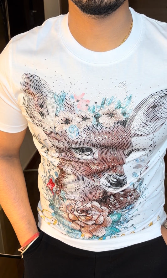 Deer Luxury Diamond Rhinestones Tshirt - White