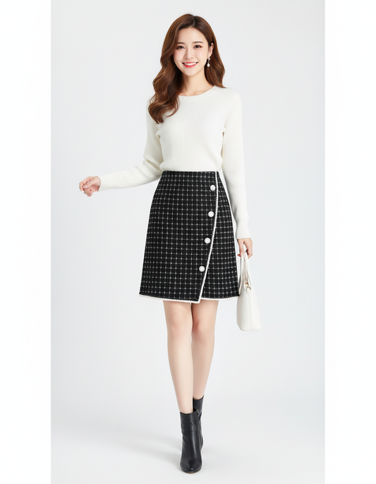 Tweed Plait Checkered Winter Party Wear Skirt 68 - Black