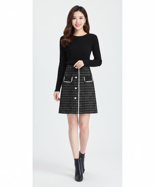 Tweed Plait Checkered Winter Party Wear Skirt 69 - Black