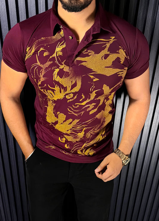 Cheetah Roar Half Sleeves Tshirt - Wine