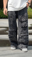 Textured Straight Fit Baggy Pants - BLACK