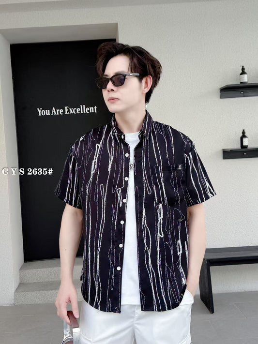 Striped Abstract Print Jacquard Half Sleeves Shirt - BLACK