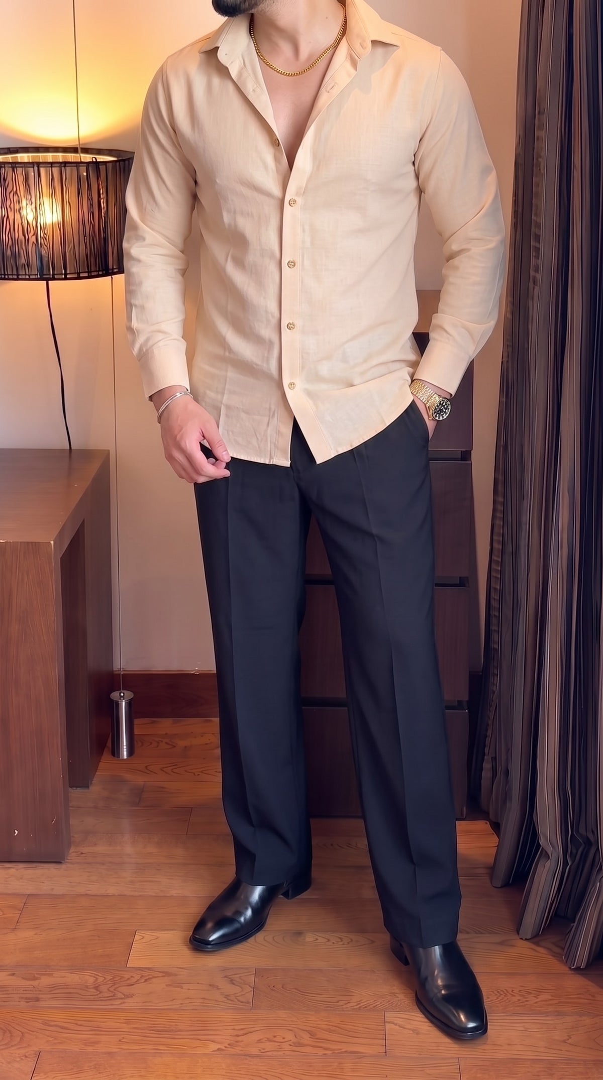 Japanese Shirt and Black Trouser Coord set - CREME