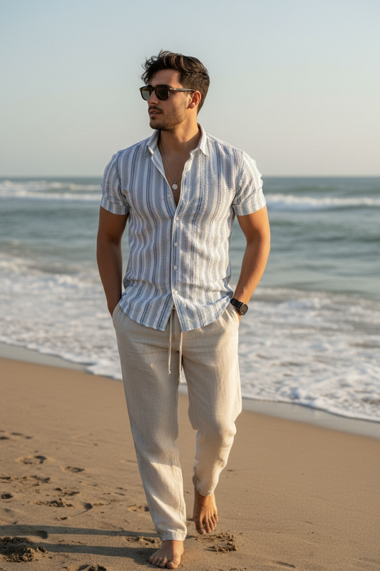 Prague Linen Stripe Shirt - SKY BLUE