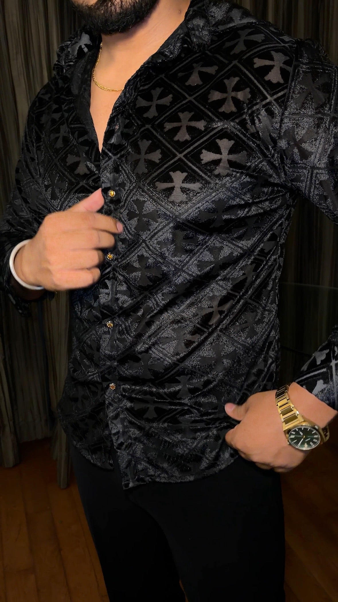 V’vlor Premium Velvet Jacquard Shirt - Black