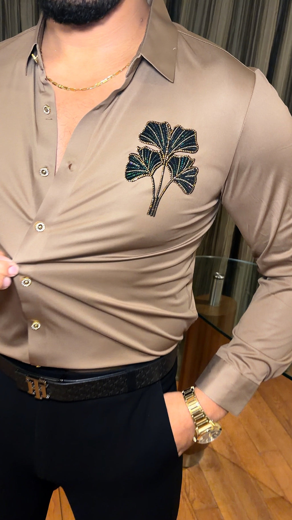 Venice Petal Luxe Stitchless Wrinkle Free Lycra Shirt - Camel