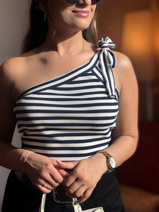Stripes One Shoulder Stretchable Top - WHITE:NAVY