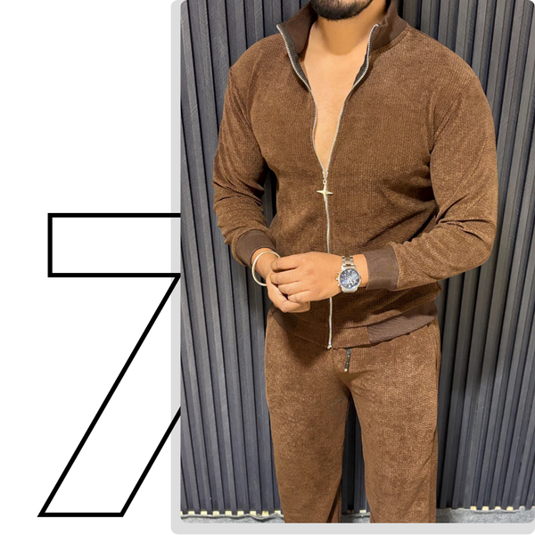 Oversized Solid Jacquard Tracksuit - Brown