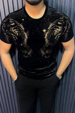 Velvet Swarovski Tiger Double Face Half Sleeves Tshirt - Black