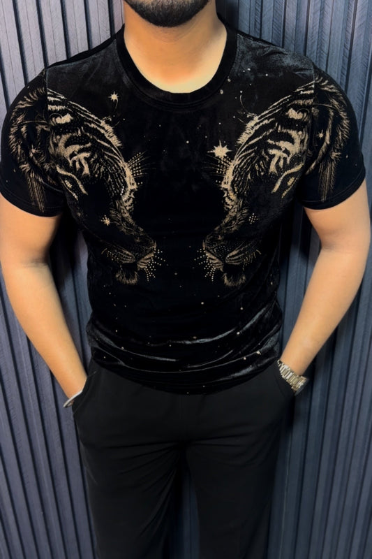 Velvet Swarovski Tiger Double Face Half Sleeves Tshirt - Black