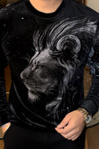 Velvet Swarovski Lion Side Face Silver Print Sweatshirt
