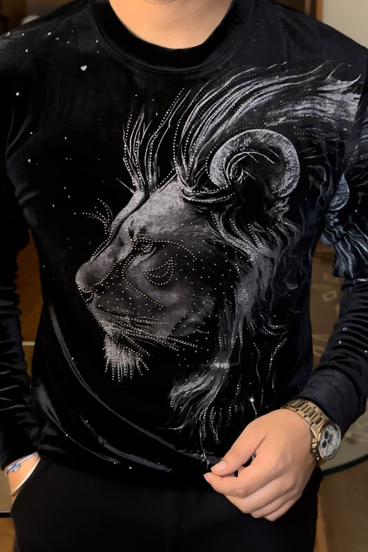 Velvet Swarovski Lion Side Face Silver Print Sweatshirt