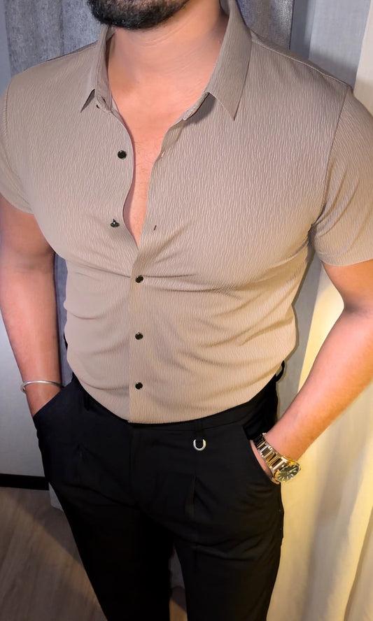 Noble Textured Jacquard Half Sleeves Shirt - BROWN