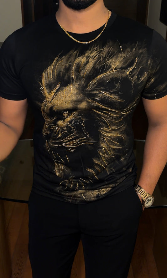 Lion Swarovski Luxe Side Face Gold Half Sleeves Tshirt - Black