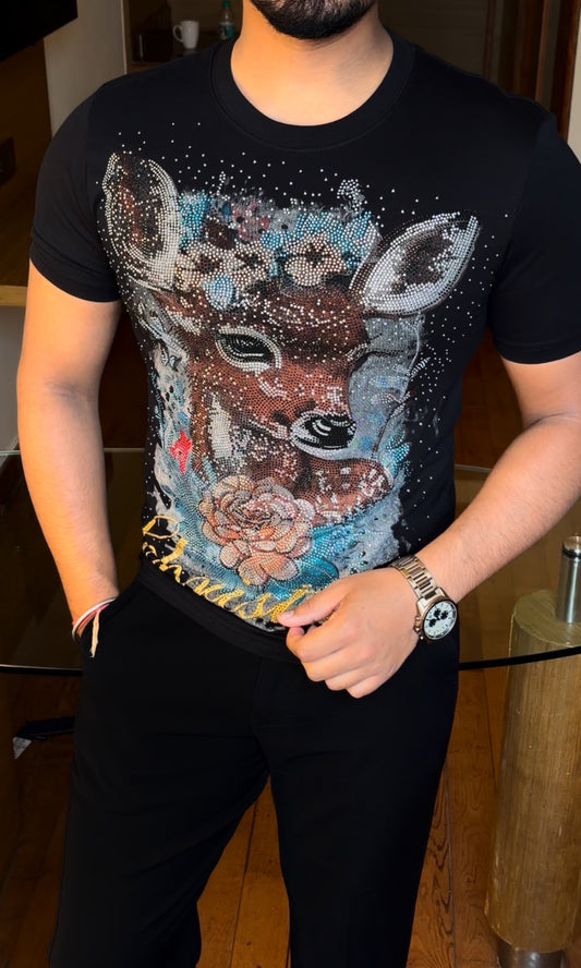 Deer Luxury Diamond Rhinestones Tshirt - Black
