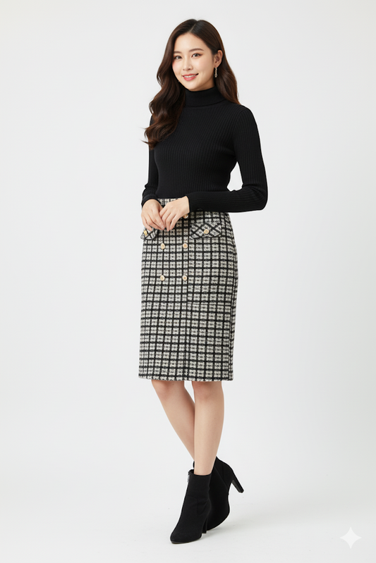 Tweed Plait Checkered Winter Party Wear Skirt 909 - Black