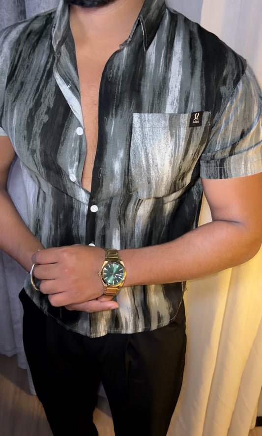 Painted Abstract Print Jacquard Half Sleeves Shirt - OLIVE