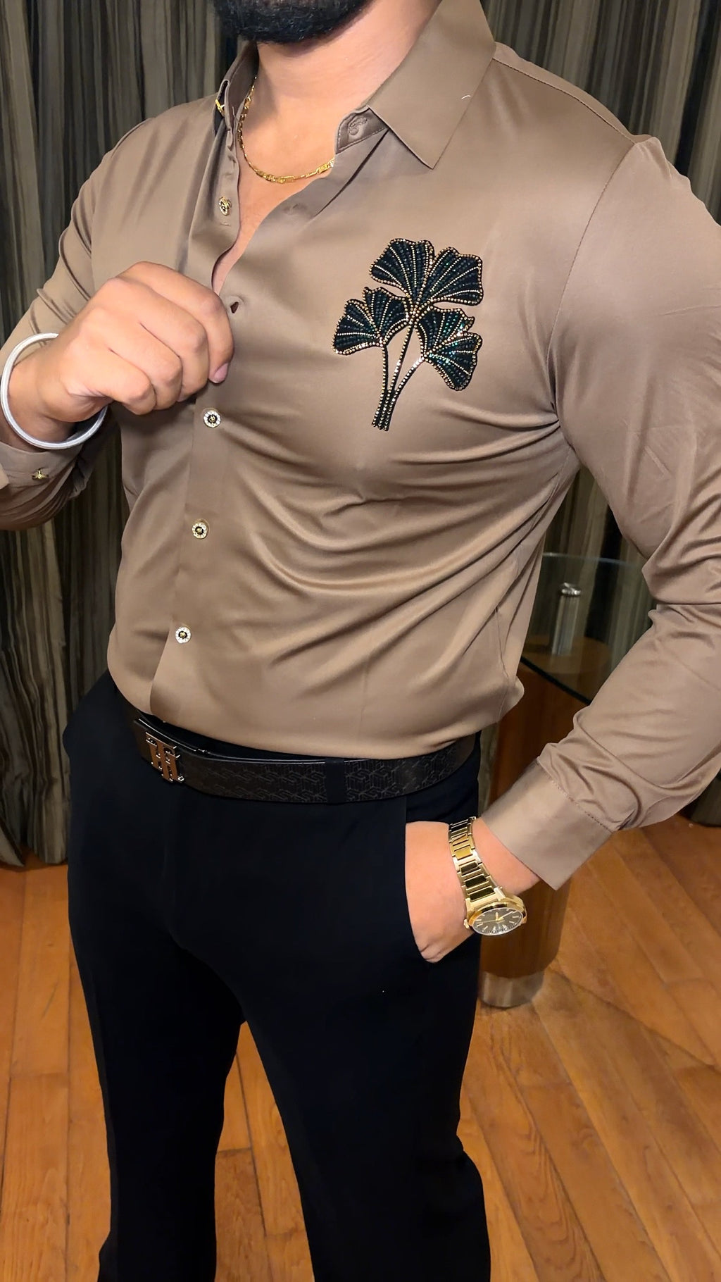 Venice Petal Luxe Stitchless Wrinkle Free Lycra Shirt - Camel