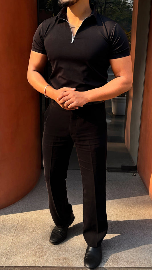 Luxury Half Zipper and Trouser Coord set - BLACK