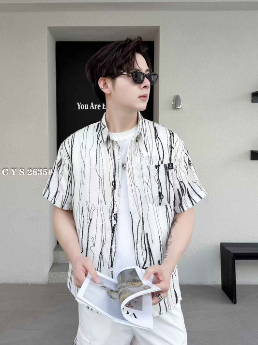 Striped Abstract Print Jacquard Half Sleeves Shirt - WHITE
