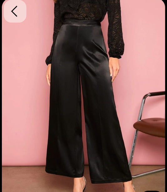 Satin High Waist Straight Fit Pants Black