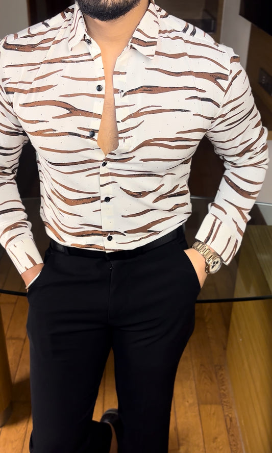 Lion Abstract Pearl Shirt- White:Brown