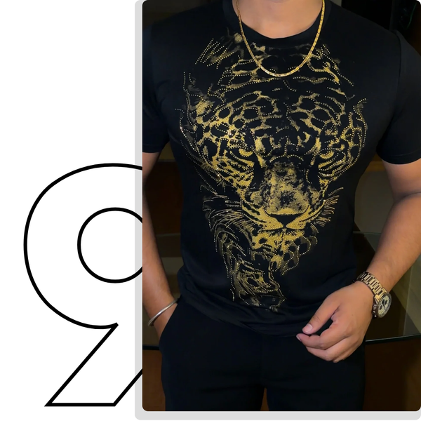 Tiger Swarovski Luxe Full Face Gold Half Sleeves Tshirt - Black