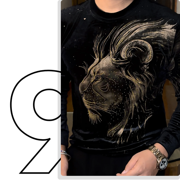 Velvet Swarovski Lion Side Face Gold Print Sweatshirt - Black
